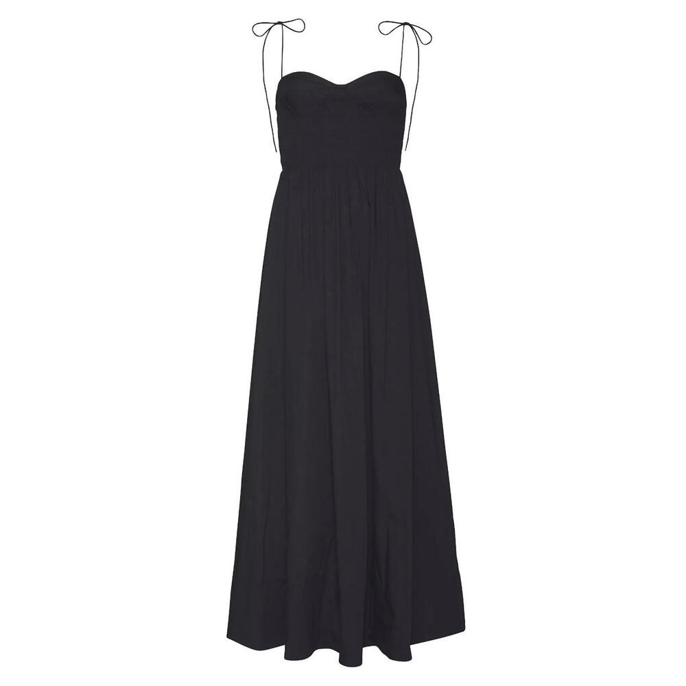 NEW STAUD Landry Shoulder-Tie Smocked Maxi Dress in black Sz L #3050